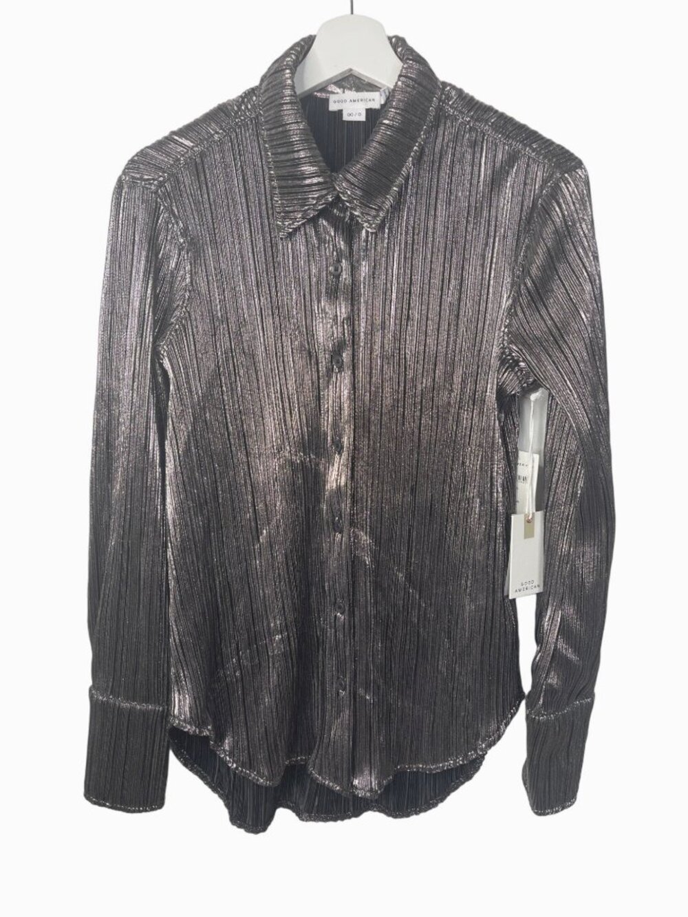 Good American Metallic Pleated Button Front Shirt Size 00/0 NWT